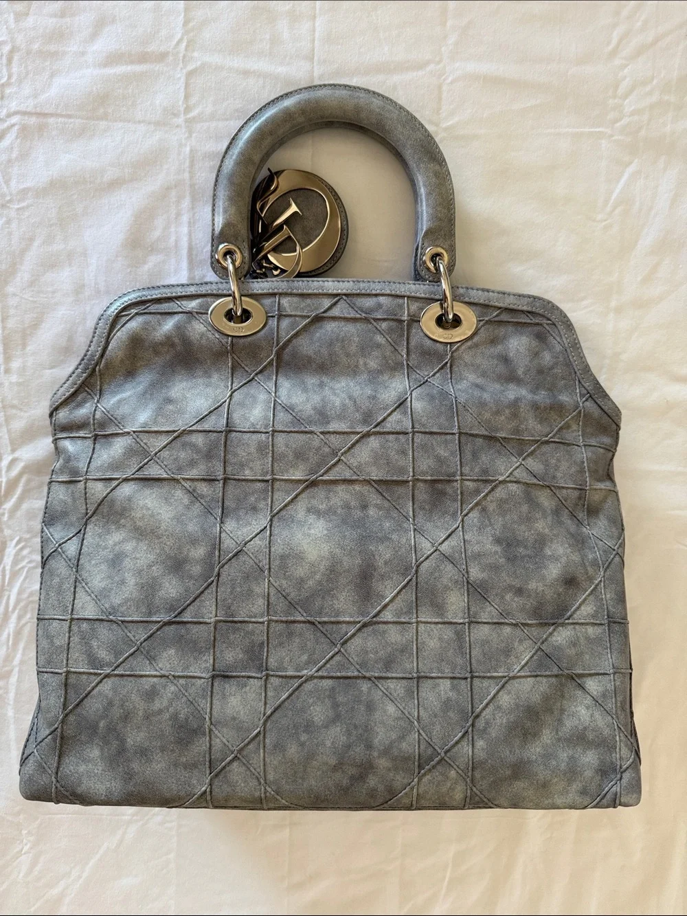 Dior Grey Quilted Top-Handle Satchel with Silver Hardware